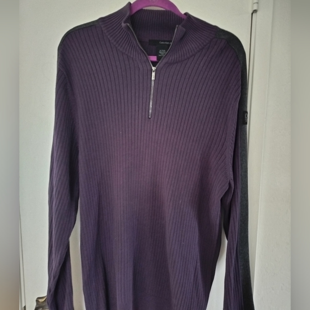 Calvin Klein Men's Long Sleeve Quarter Zip Ribbed Sweatshirt Purple Grey XXL